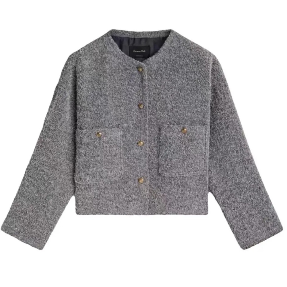 MASSIMO DUTTI WOMAN GREY SHORT DROP-SHOULDER TEXTURED JACKET SIZE SMALL
